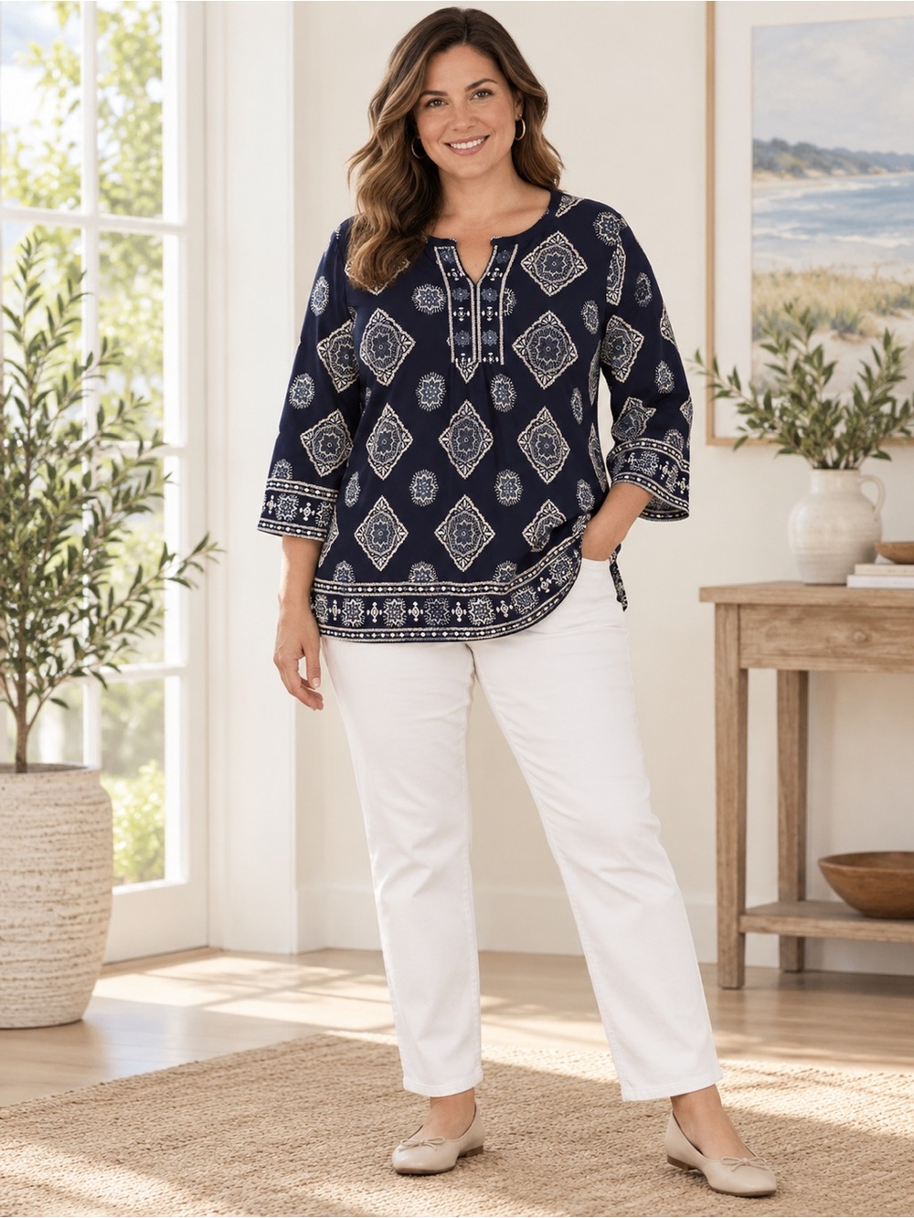 Ruby Rd Navy Embroidered Medallion Tunic Top Women’s L